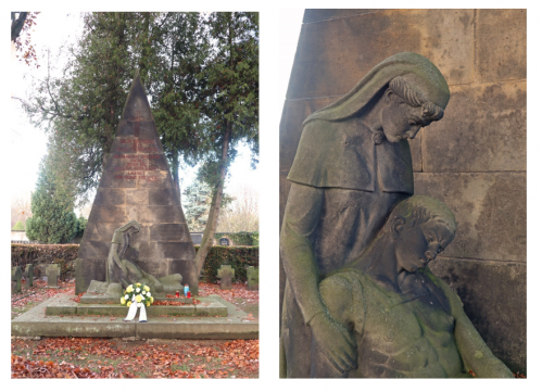 links: Denkmal den Opfern des Weltkrieges; rechts: Die deutlich erkennbaren Gesichtszüge von Cousin Günther und Cousine Hildegard 